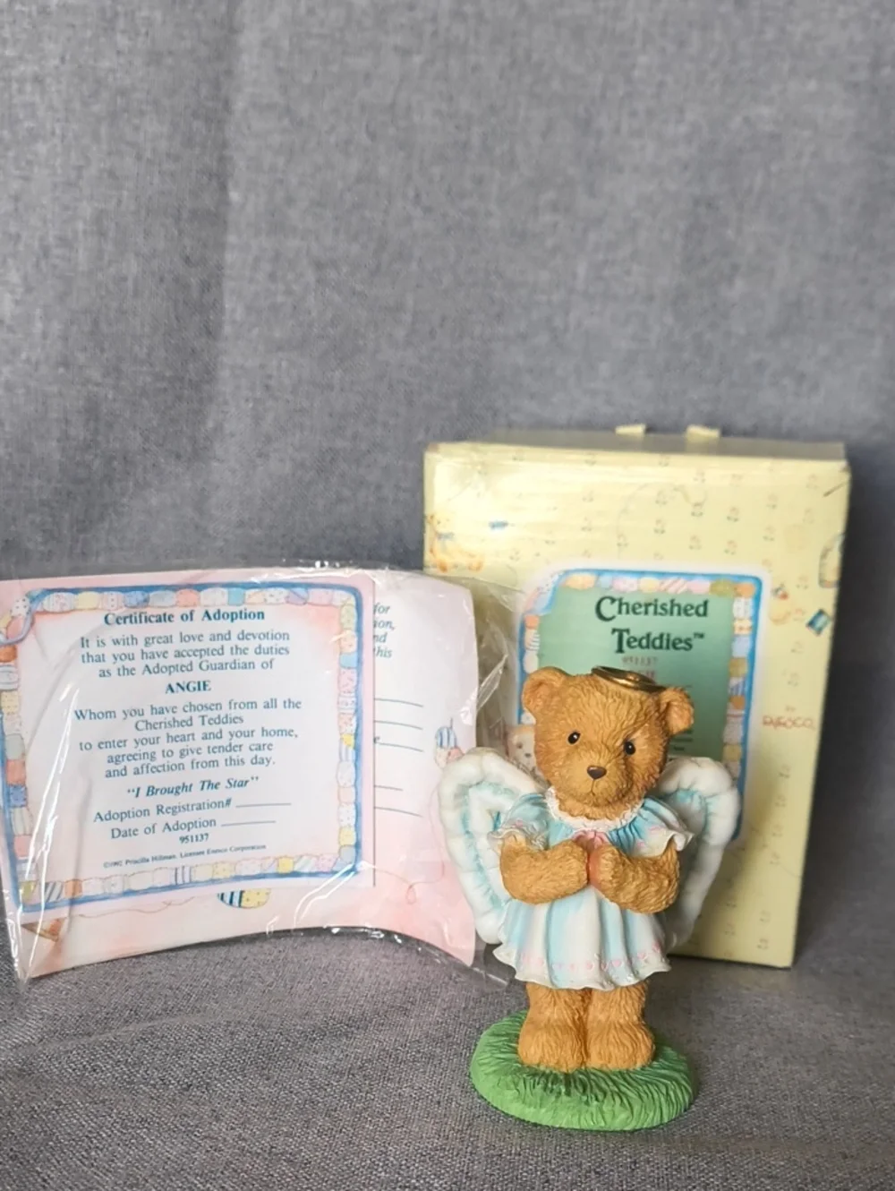 Cherished Teddies Bear Angel Figurine - Blue & Cream